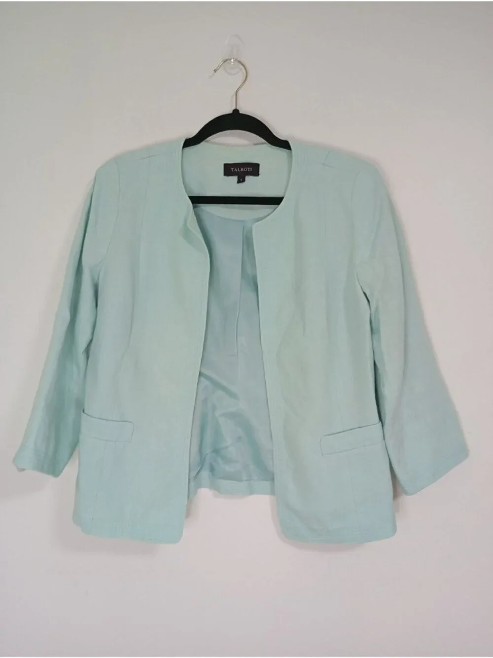Talbots Womens Light Mint Green Open-Front 100% Linen Blazer Size 6 Classic Fit